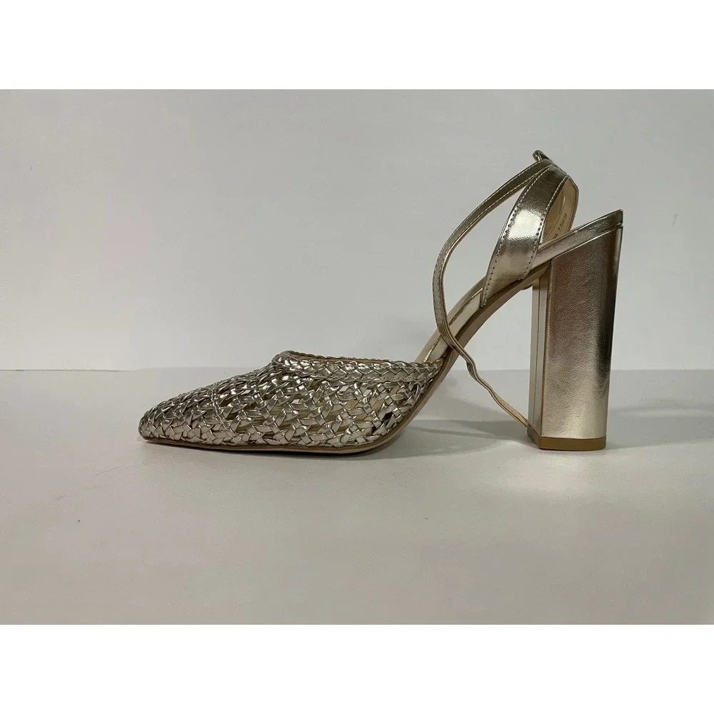 Jessica Simpson Nariro Block Heel Women 7.5 Champagne Gold Excellent Woven
